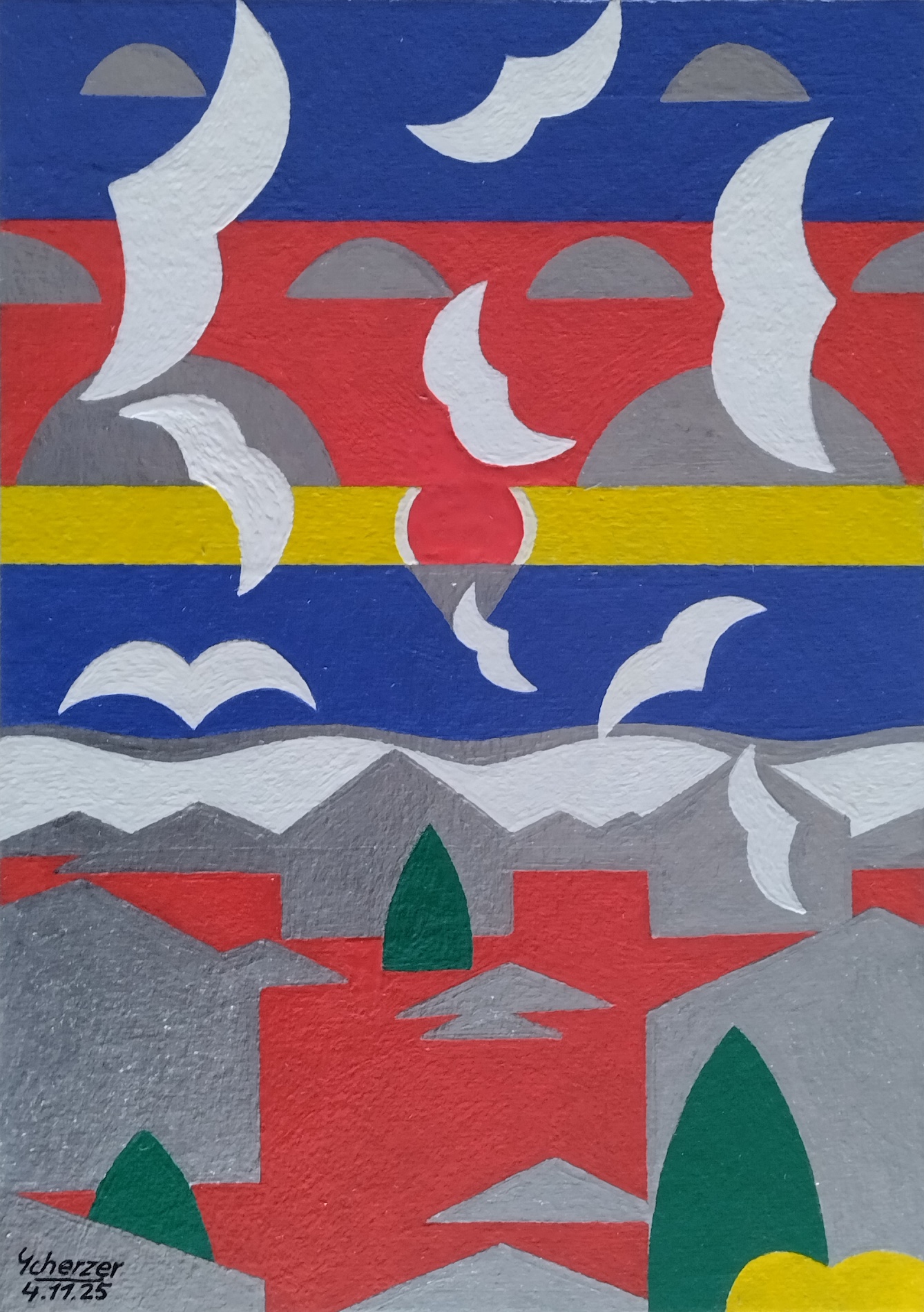 Möwenschwarm über den Klippenhäusern im Morgenrot