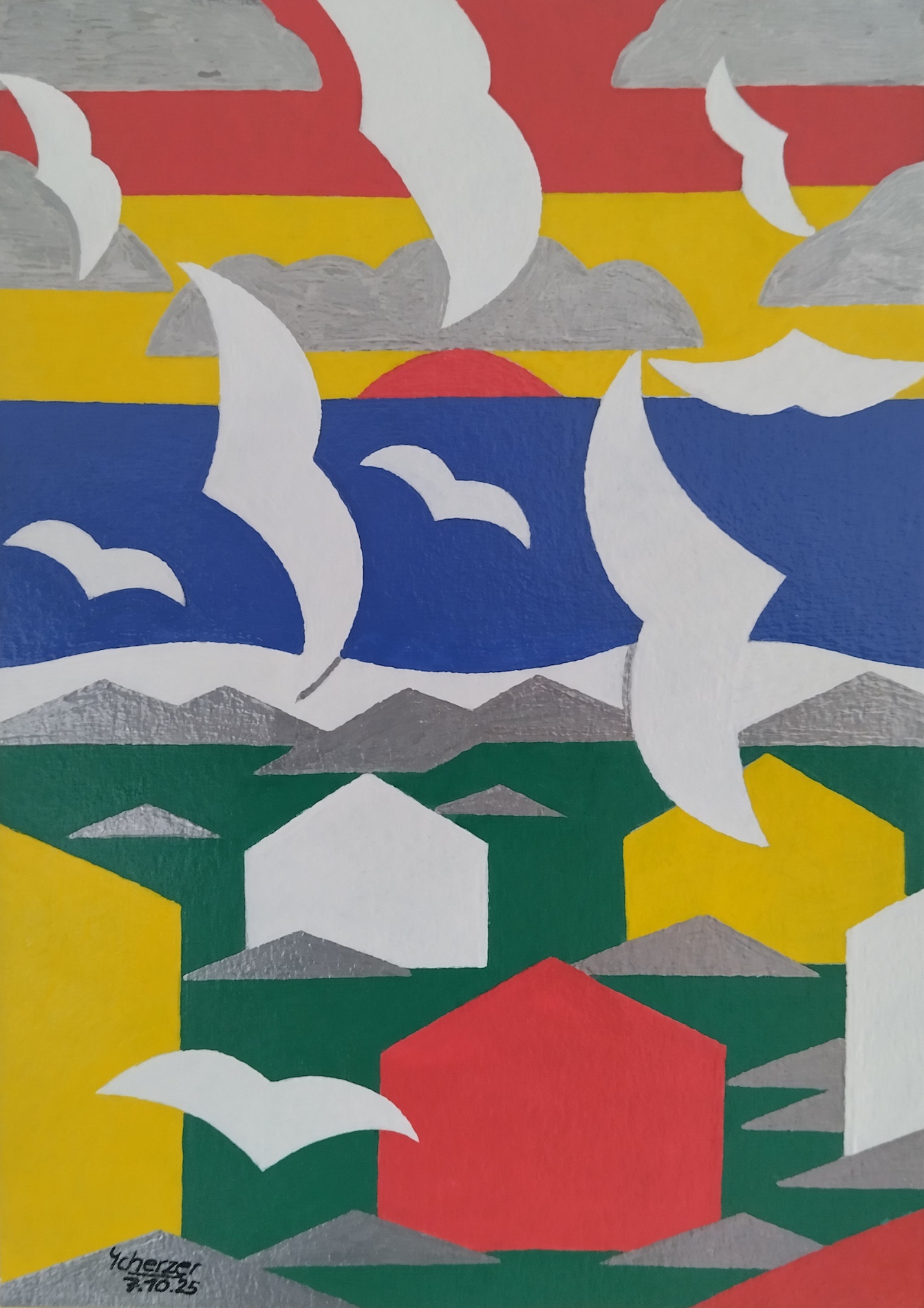 Möwenschwarm über den Klippenhäusern